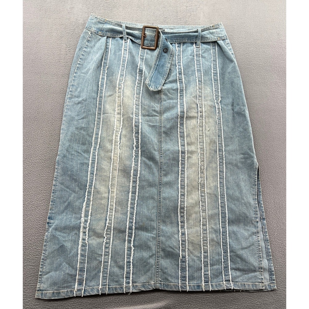 Route 66 Denim Skirt Women's Sz 20 Blue Stretch Maxi Light Wash Raw Edge Belt